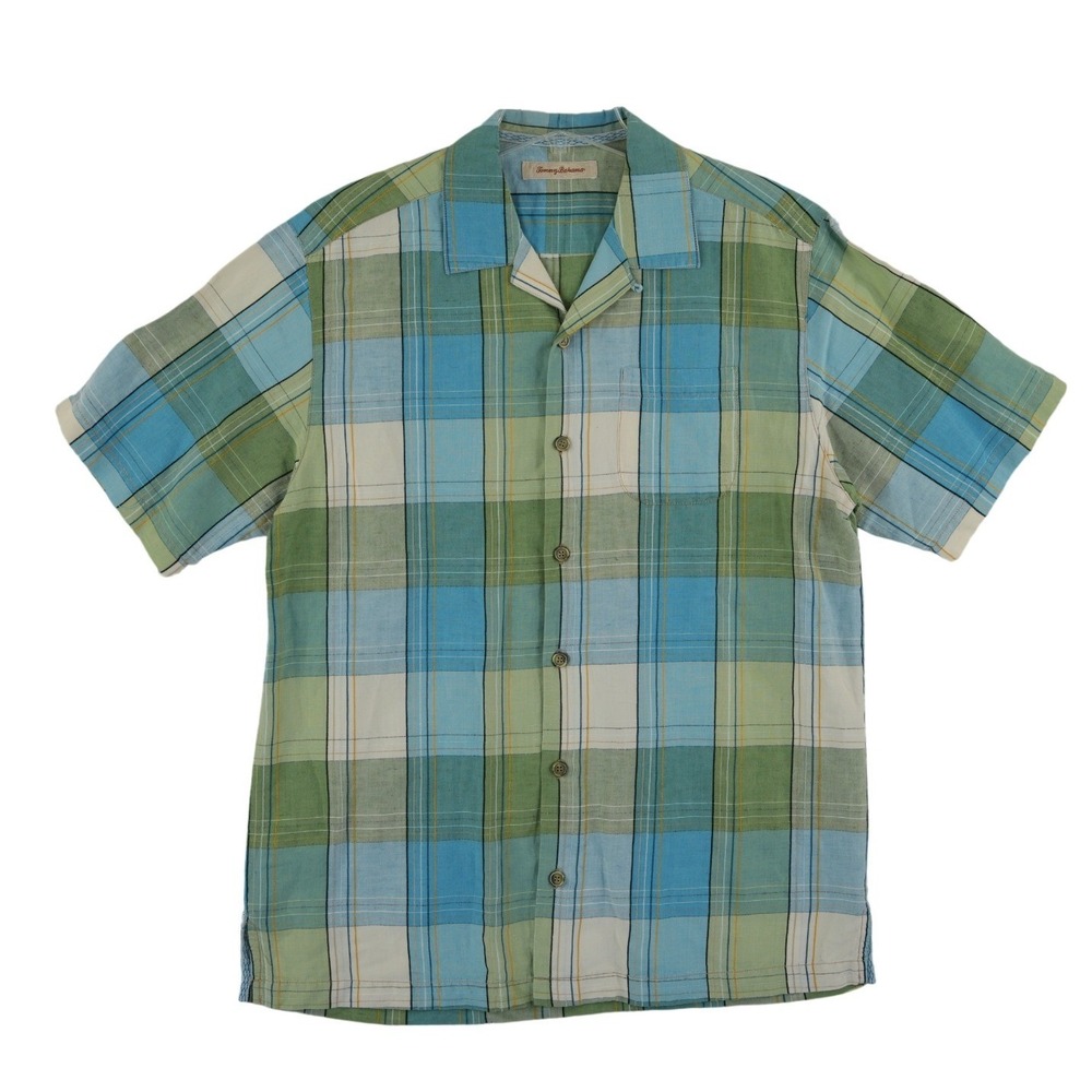 Tommy Bahama Plaid Camp Shirt Men's Size Medium Blue Green Silk Linen Cotton